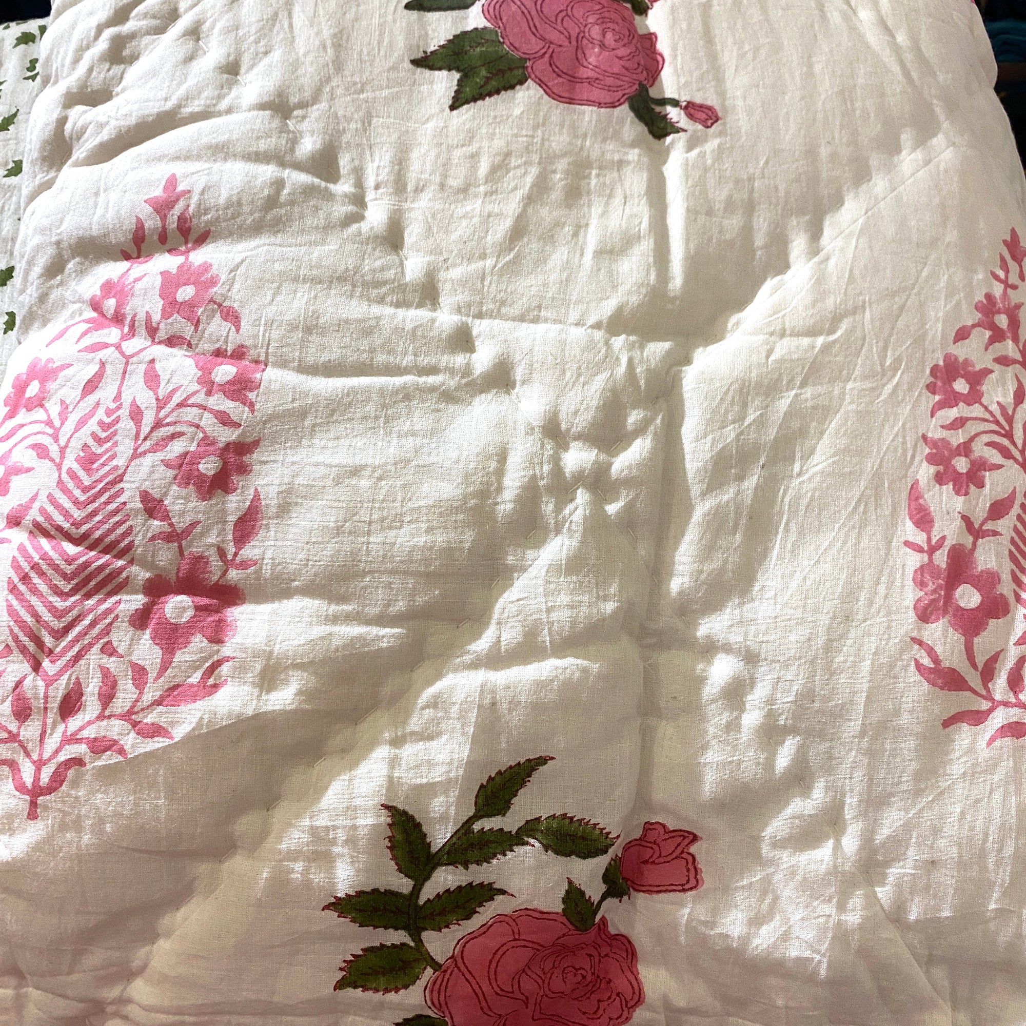 Pink & Dark Green Reversible Twin Quilt - Vintage India NYC
