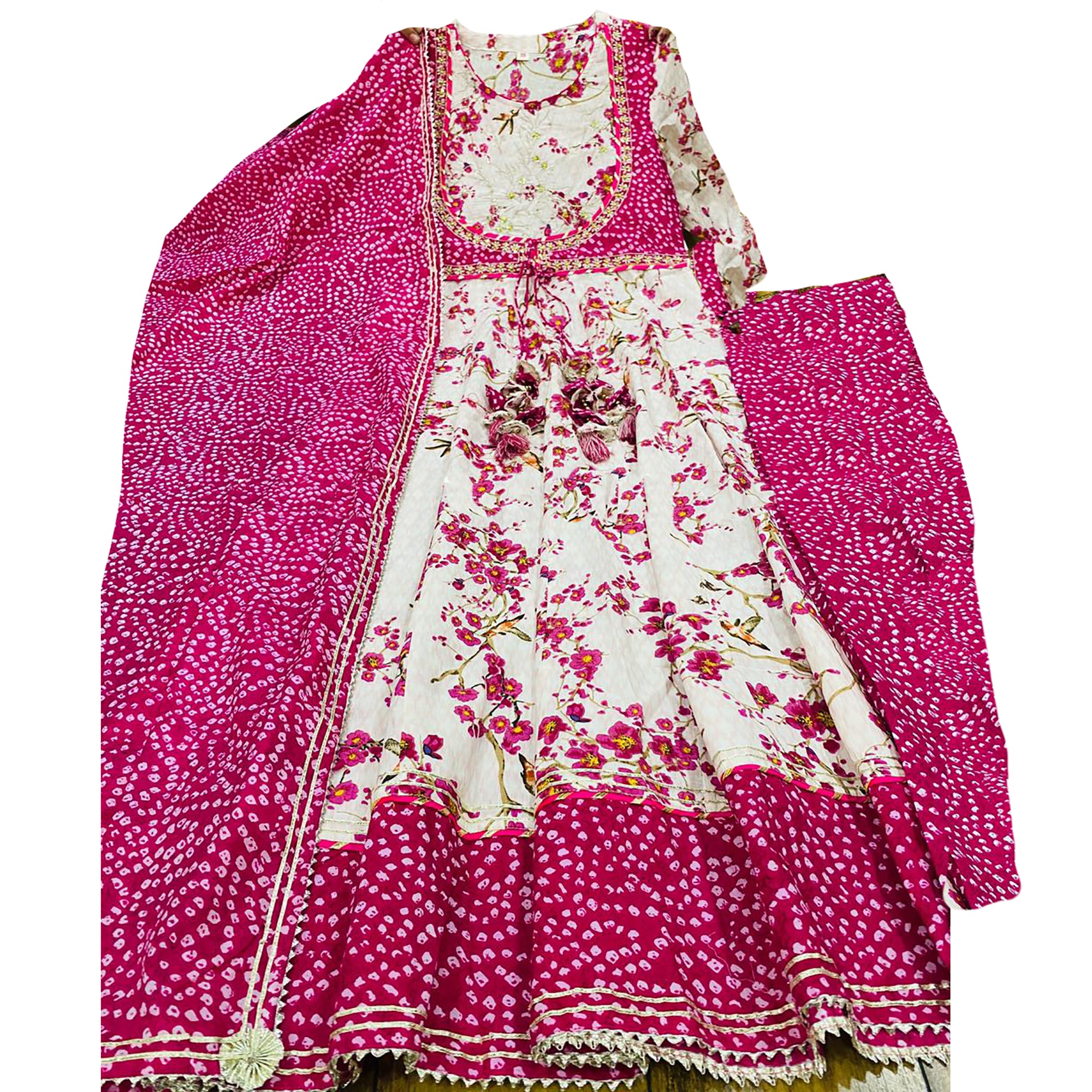 Pink Floral Block Print Long Kurta Set - Vintage India NYC