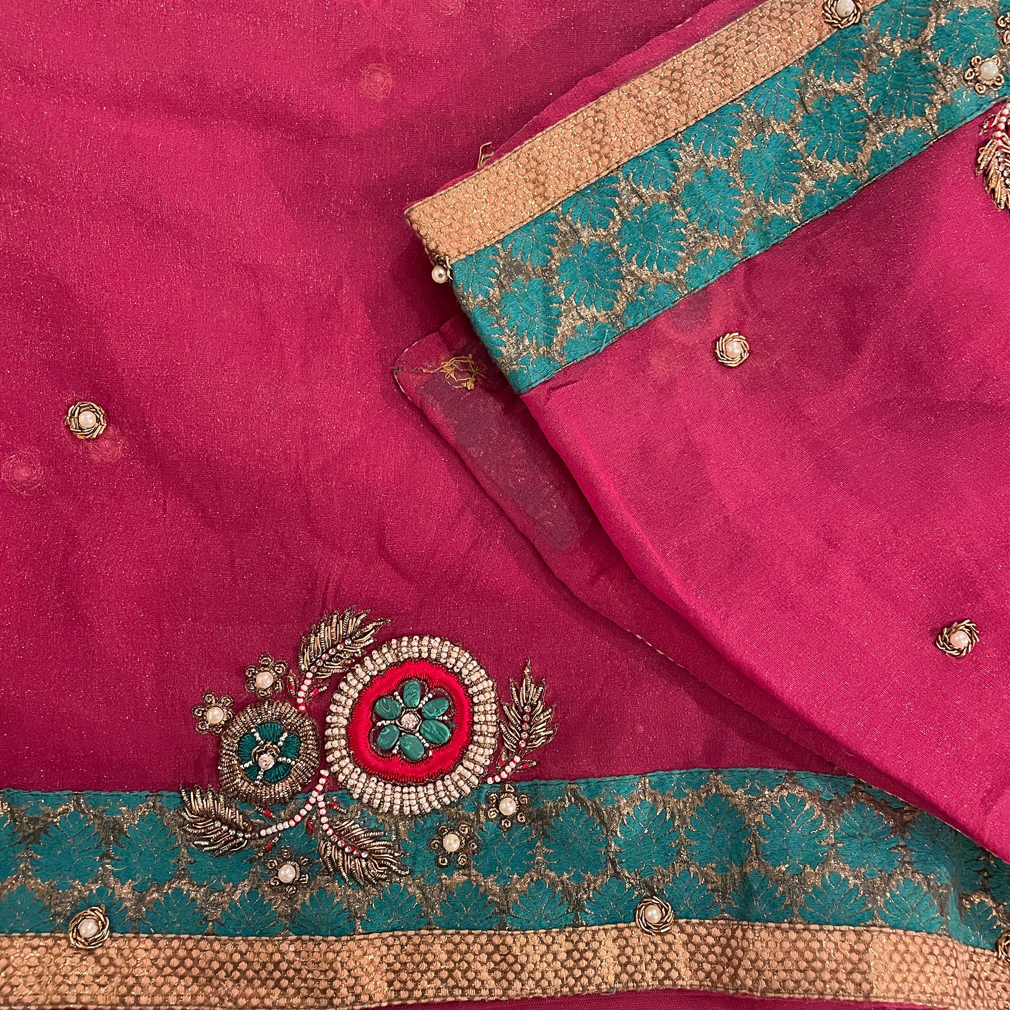 Pink Crepe Saree with Gold and Teal - Vintage India NYC