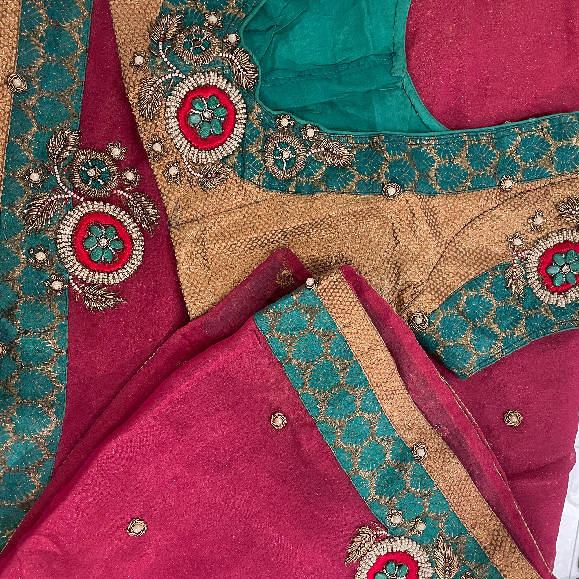 Pink Crepe Saree with Gold and Teal - Vintage India NYC