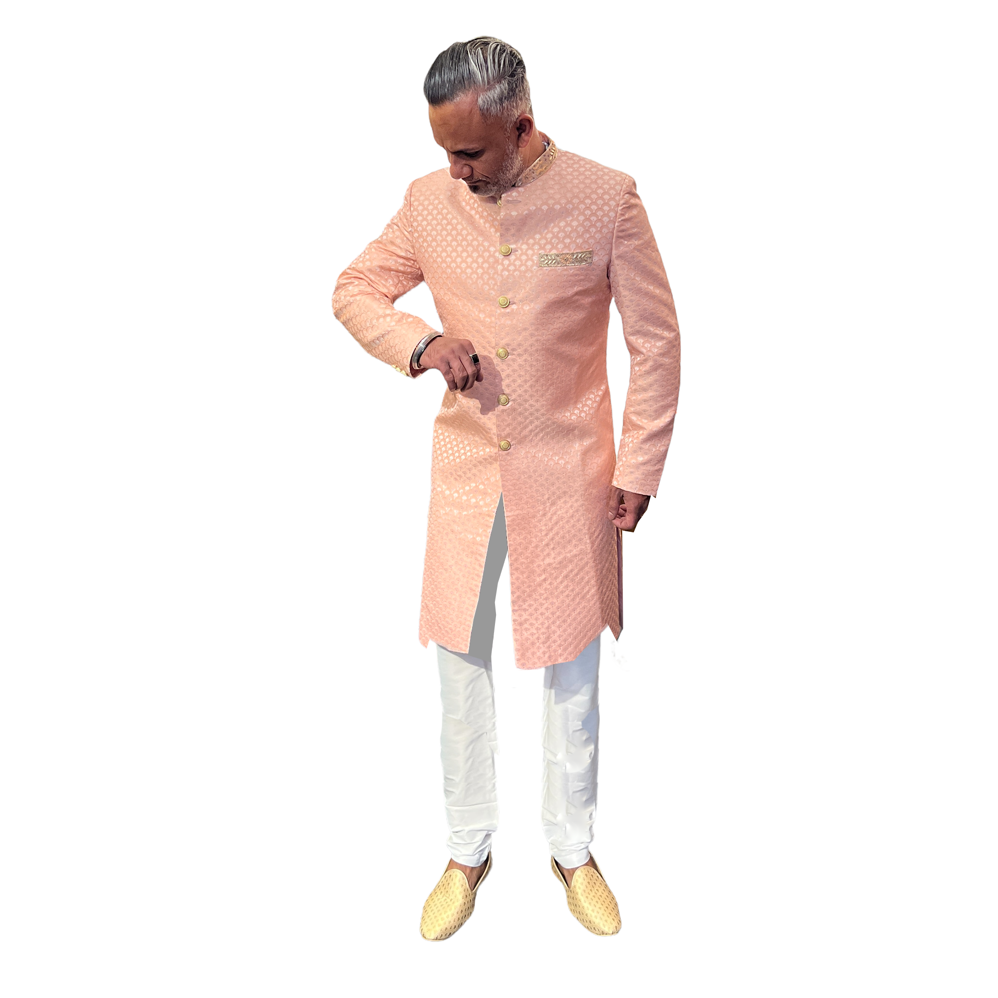 YD Blush Pink Scallop Jacquard Sherwani - Vintage India NYC