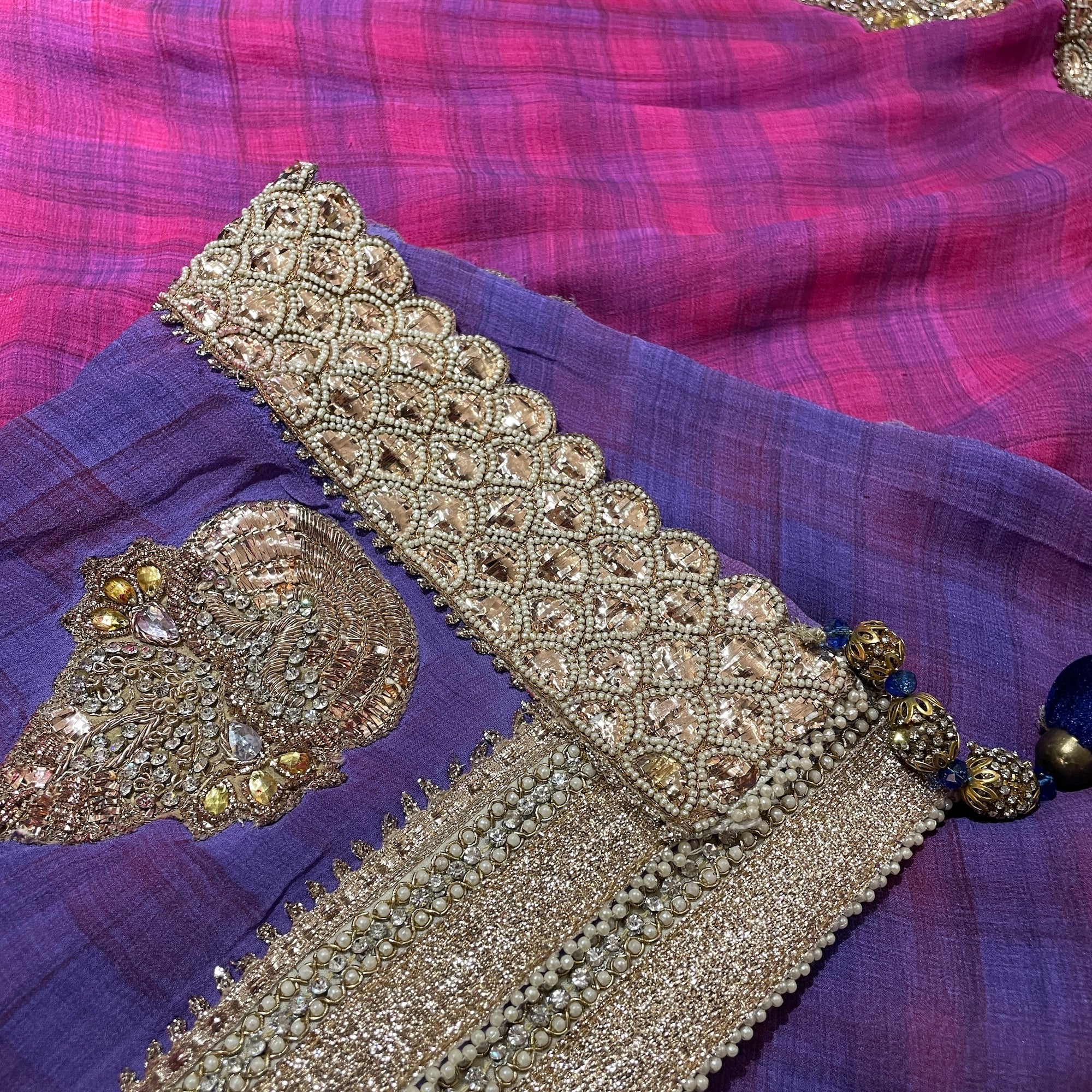 Pink & Purple Georgette Saree with Gota Work - Vintage India NYC
