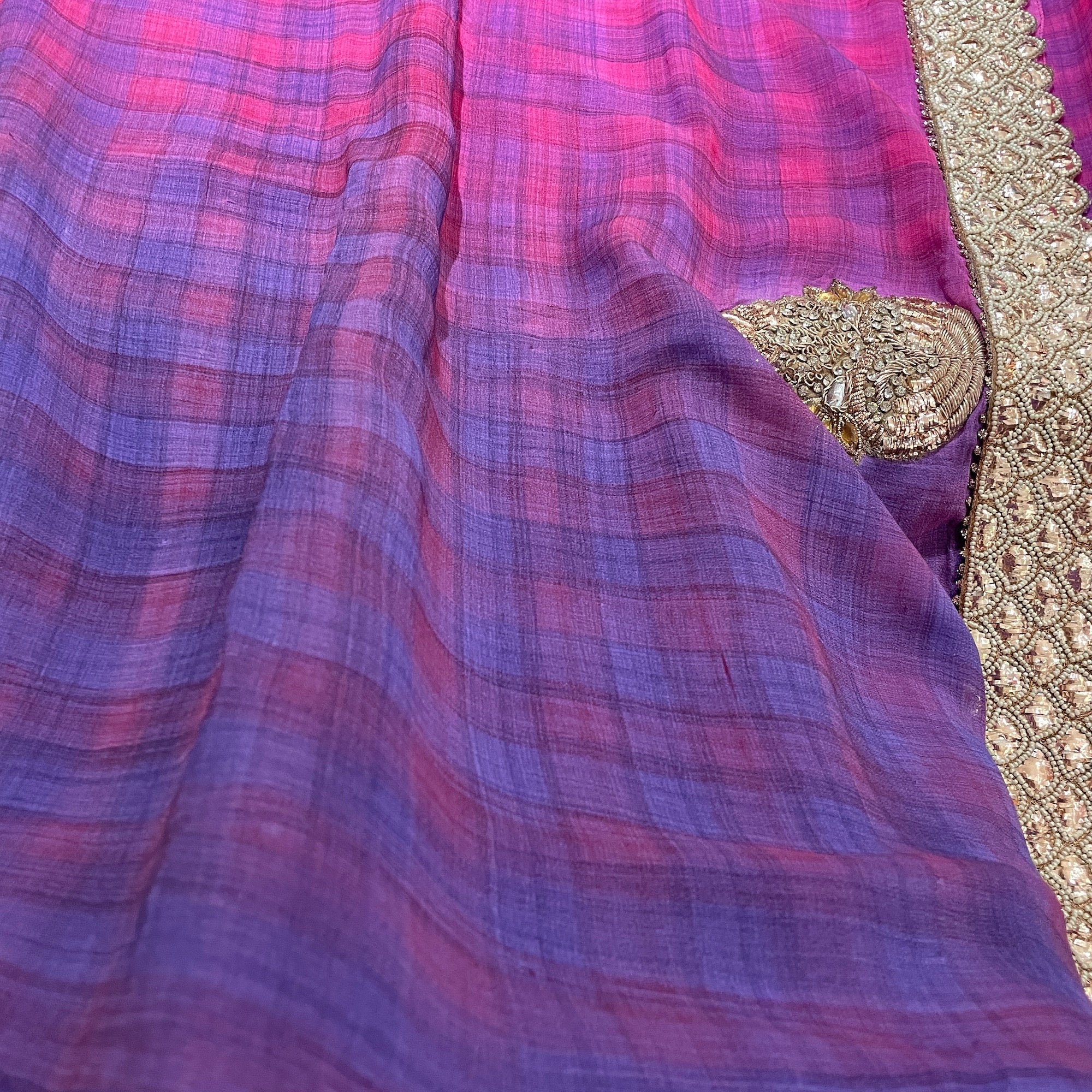 Pink & Purple Georgette Saree with Gota Work - Vintage India NYC