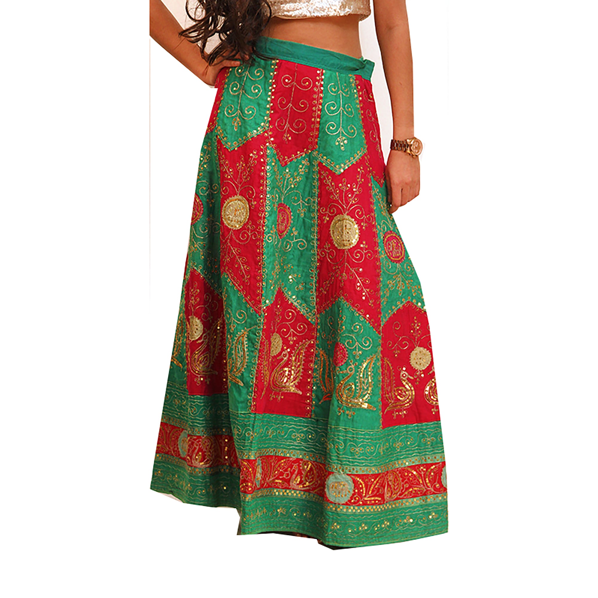 Red and green skirt with gold embroidery - Vintage India NYC