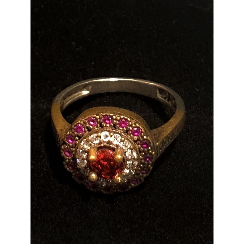 Gold plated silver ring with red & white zirconium - Vintage India NYC