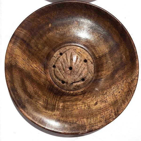 OS Handmade Round Soap Stone Wooden Incense burner - Vintage India NYC