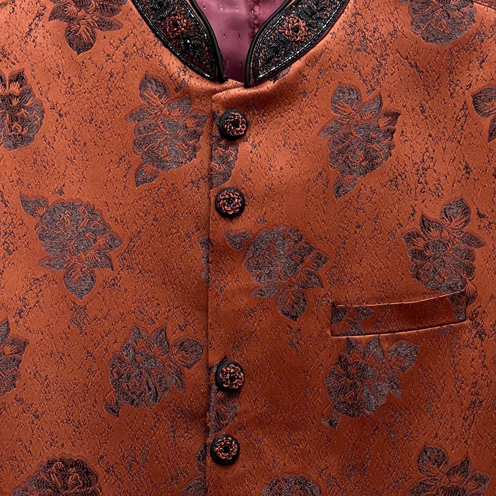 YD Rust & Black Floral Jacquard Jodhpuri Jacket - Vintage India NYC