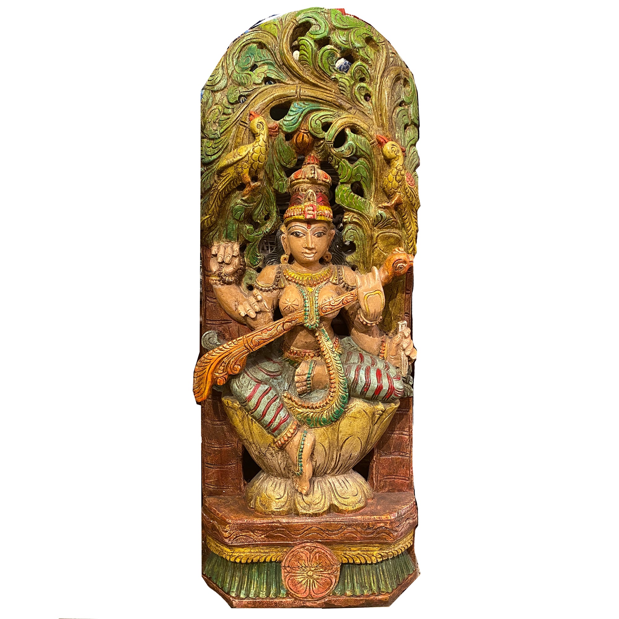 Saraswati Hand-painted & Carved Murti - Vintage India NYC