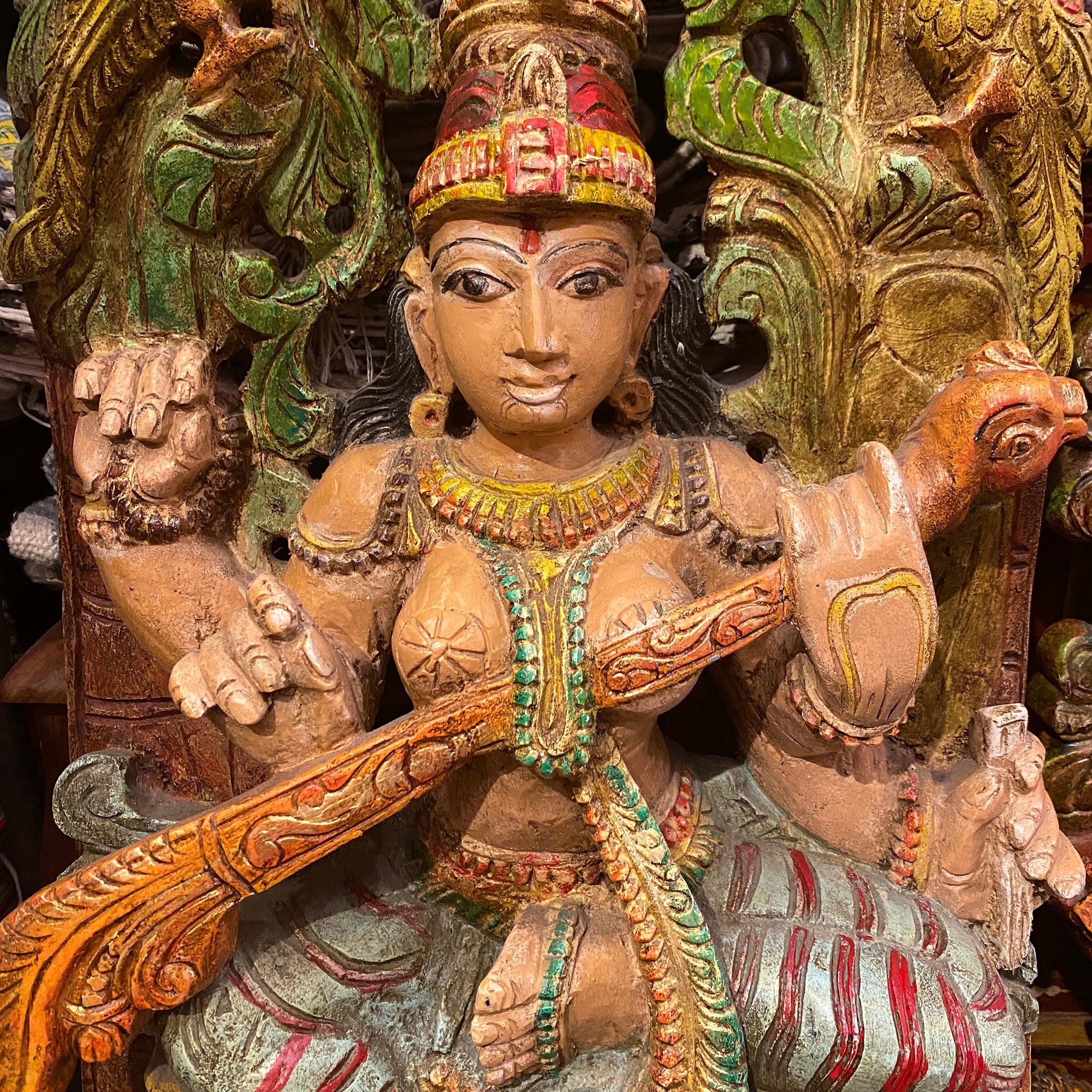 Saraswati Hand-painted & Carved Murti - Vintage India NYC