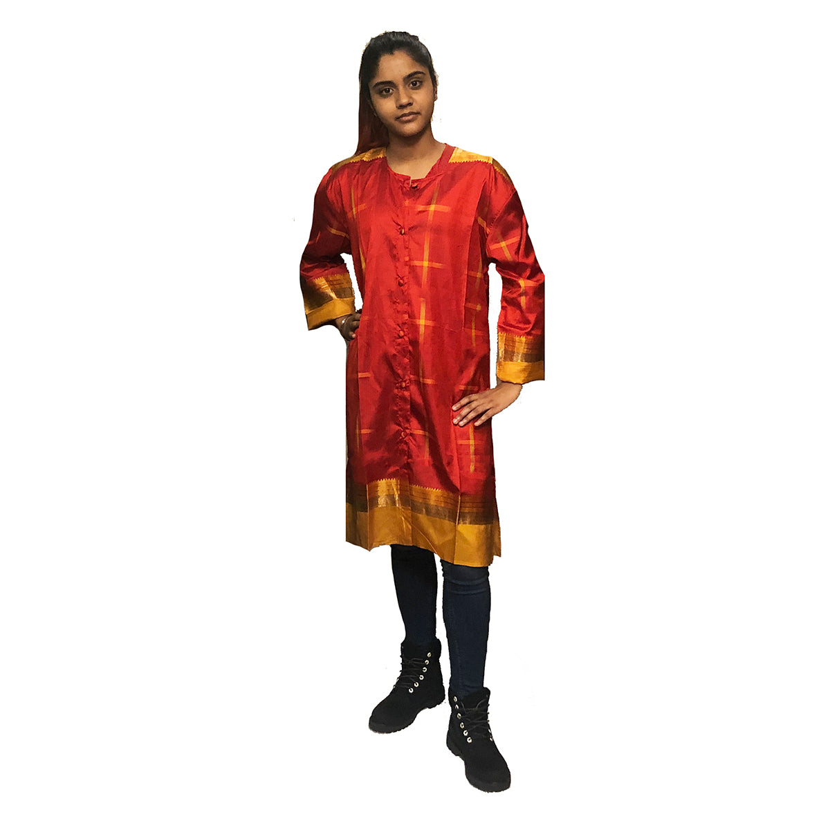 Red Silk Front Button Kurta - Vintage India NYC