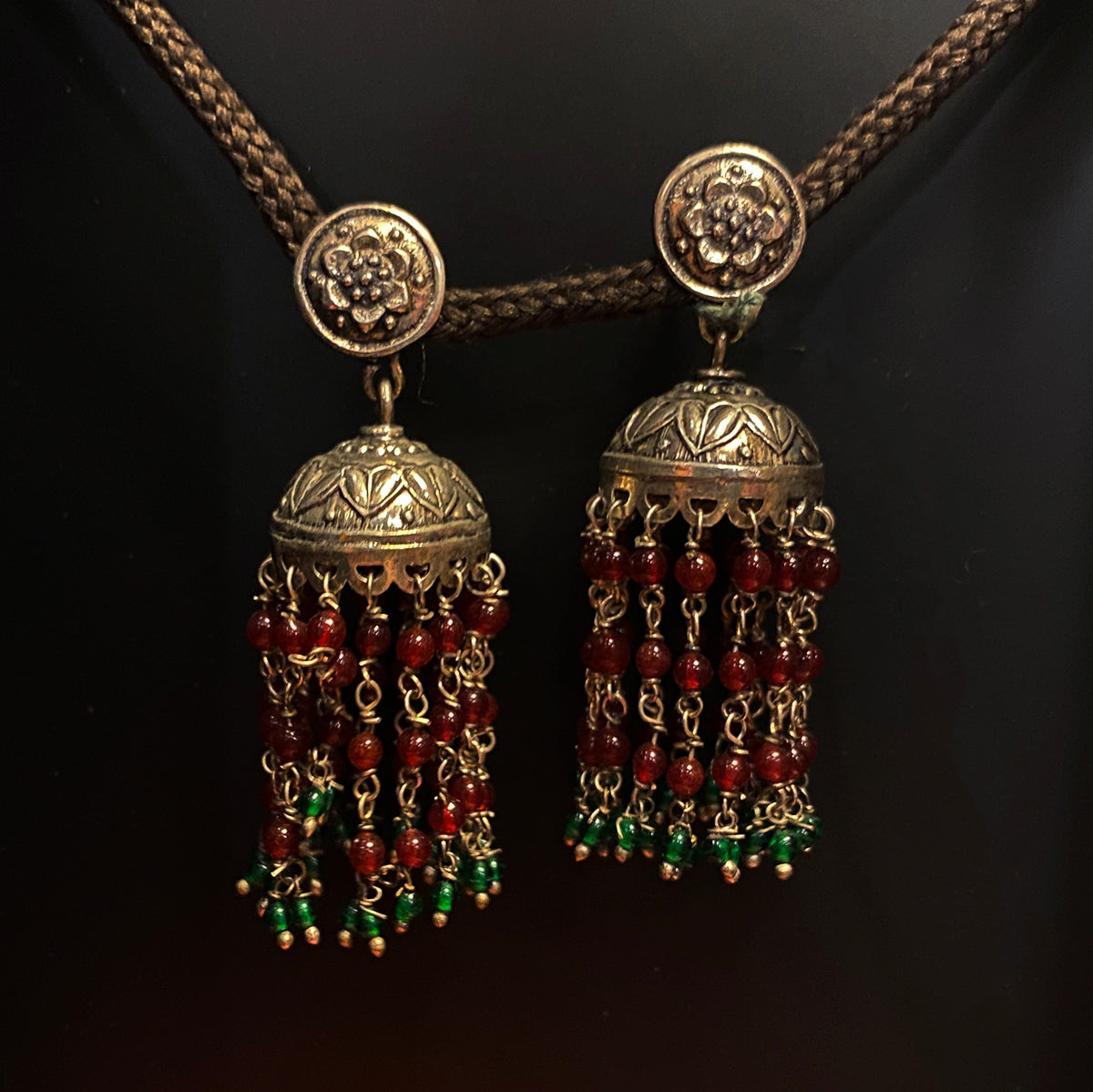 Silver Indian Jhumka Earrings with Garnet and Emerald Beads - Vintage India NYC