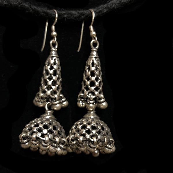 Silver Indian Jhumka 2 tiered earrings 165 - Vintage India NYC