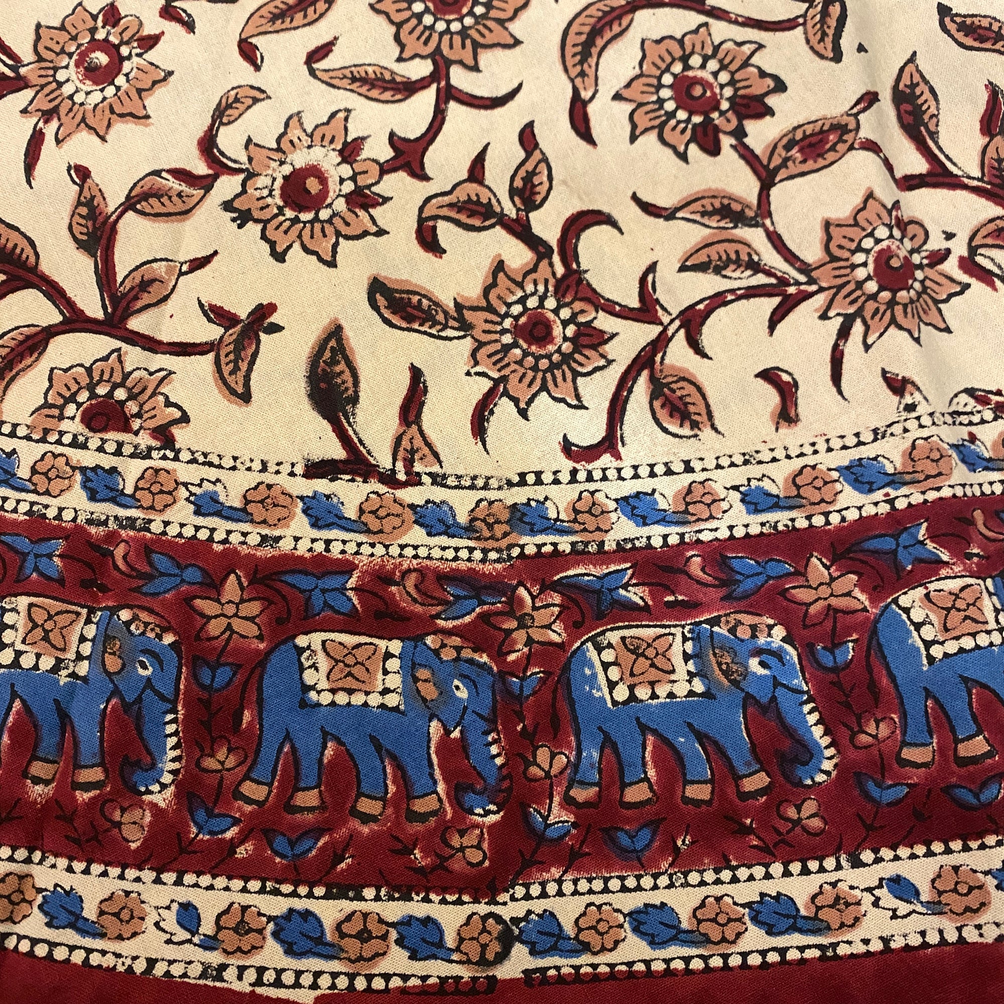 Round Tablecloth-Tan, Maroon & Blue - Vintage India NYC