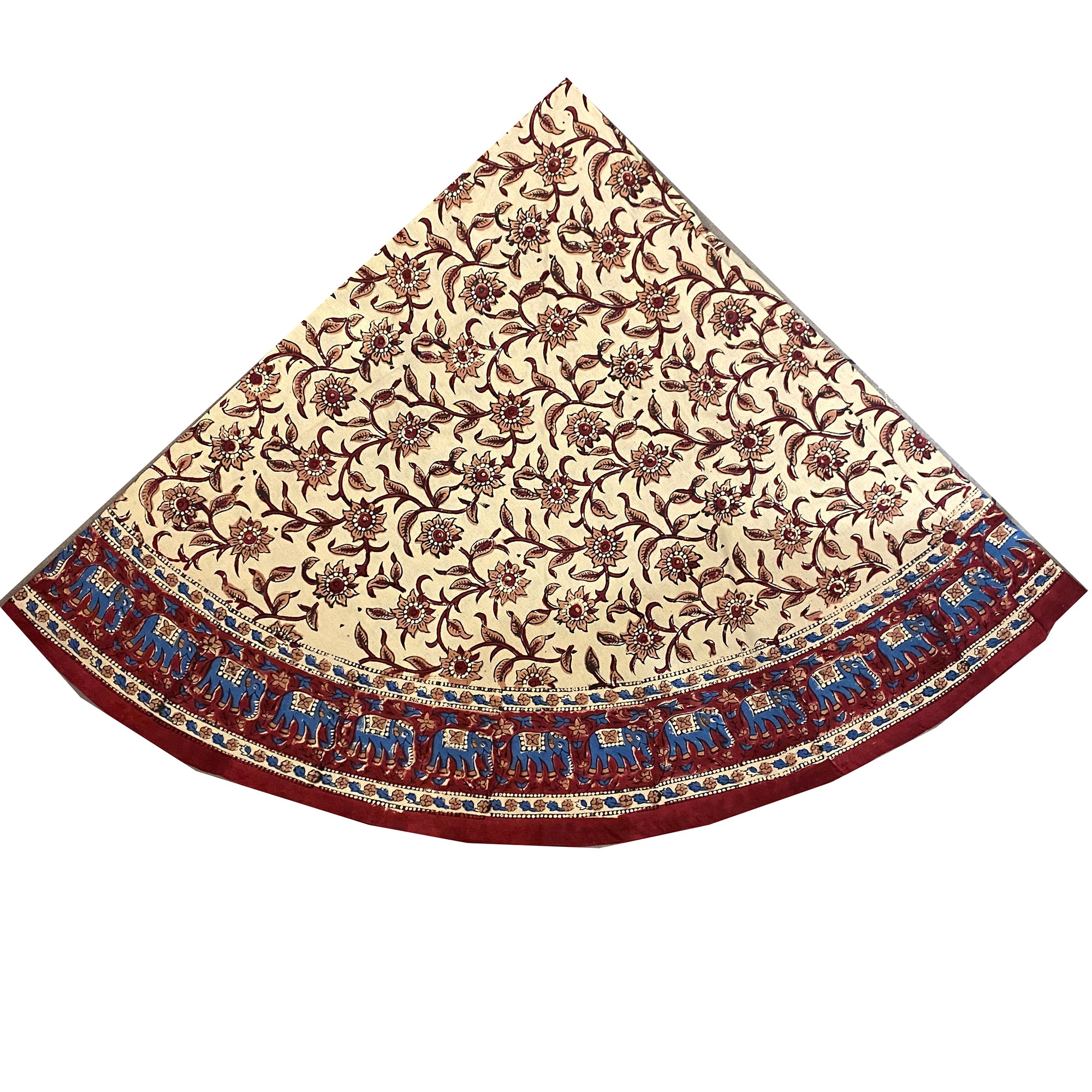 Round Tablecloth-Tan, Maroon & Blue - Vintage India NYC