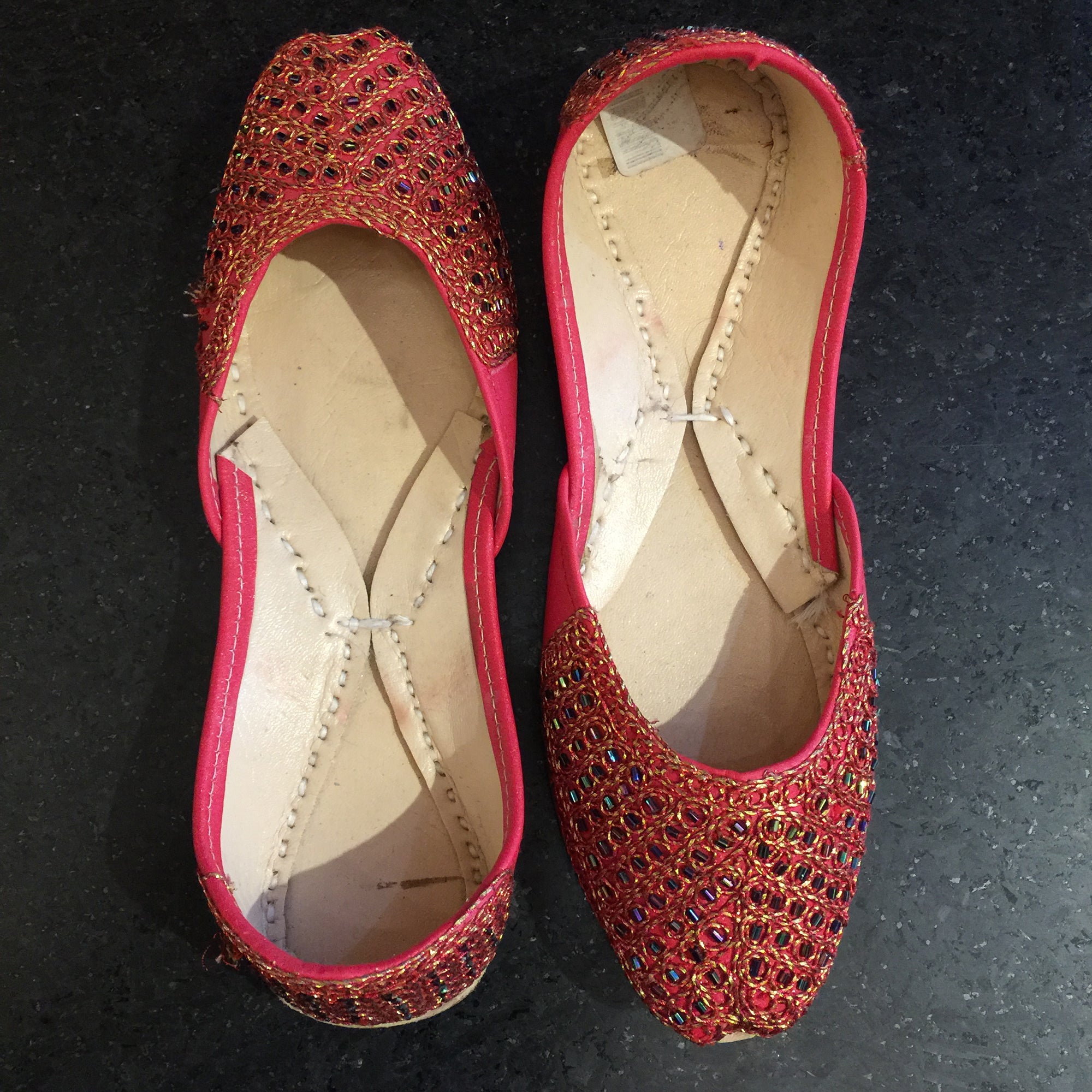 Tomato Red and Gold Flat Jutti - Vintage India NYC