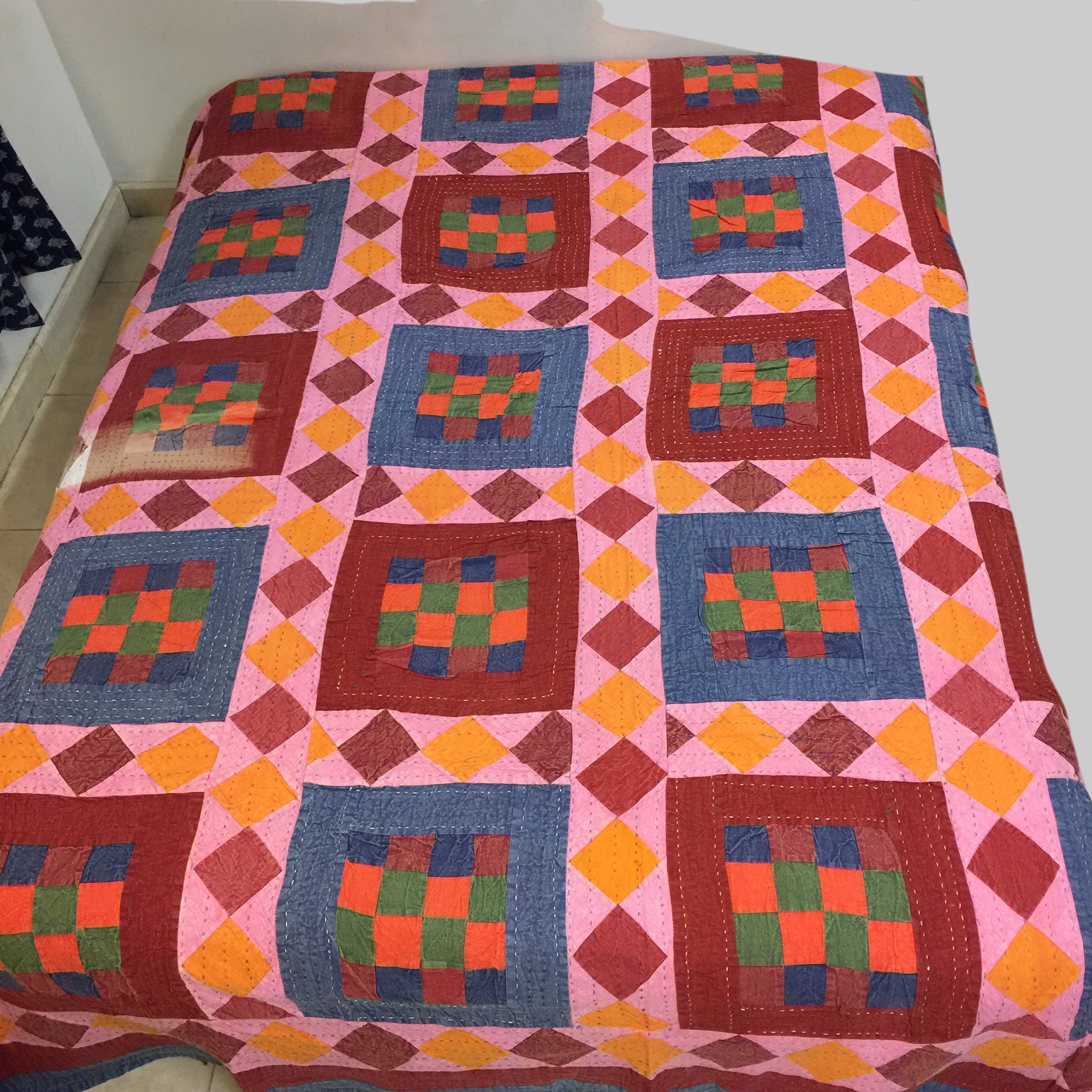 Checkered Patchwork Kantha Quilt-6 colors - Vintage India NYC