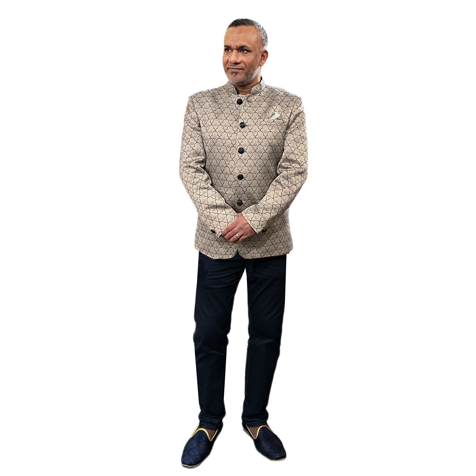YD Warm Grey Jacquard Jodhpuri Jacket - Vintage India NYC